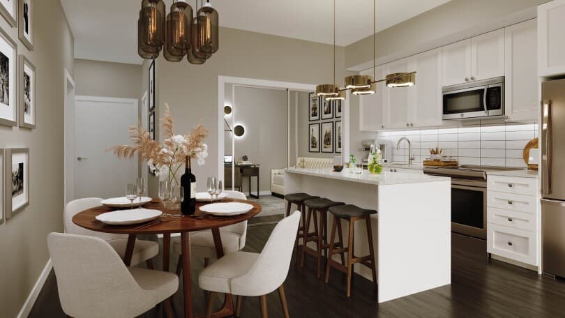 Rendering of the dining area and kitchen in the suites at 50 Ann in Bolton, ON by Brookfield Residential