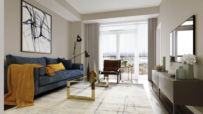 Rendering of the living area in the suites at 50 Ann in Bolton, ON by Brookfield Residential