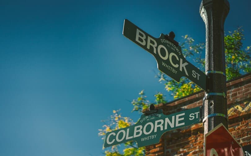Brock and Colborne street signs in Downtown Whitby, Ontario