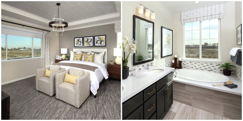 Primary bedroom and ensuite in the Residence 3 Model Home at Easton in Oakley, CA