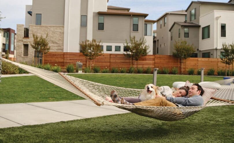 Couple lounging with their dog in a hammock at BLVD by Brookfield Residential in Dublin, CA