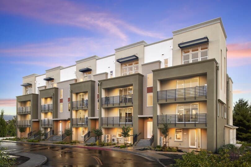 Exterior at dusk of Broadway at Boulevard in Dublin, CA by Brookfield Residential