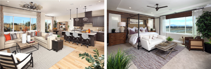 Left: Laurel Great Room and Kitchen; Right: Laurel Master Bedroom