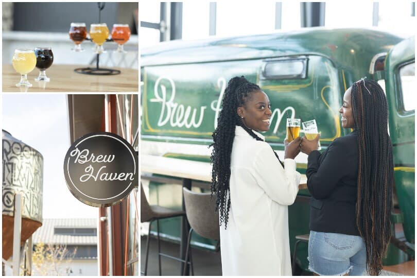 Collage of the Brew Haven sign, a beer sampler, and two women drinking beer in Ontario Ranch, CA