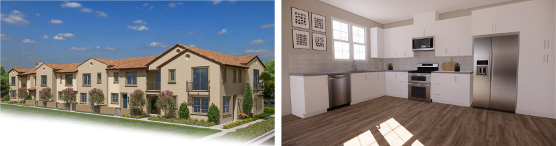 L: Towns Row Townhomes Exterior; R: Towns Kitchen | Lantana @Beach in Stanton, California | Brookfield Residential