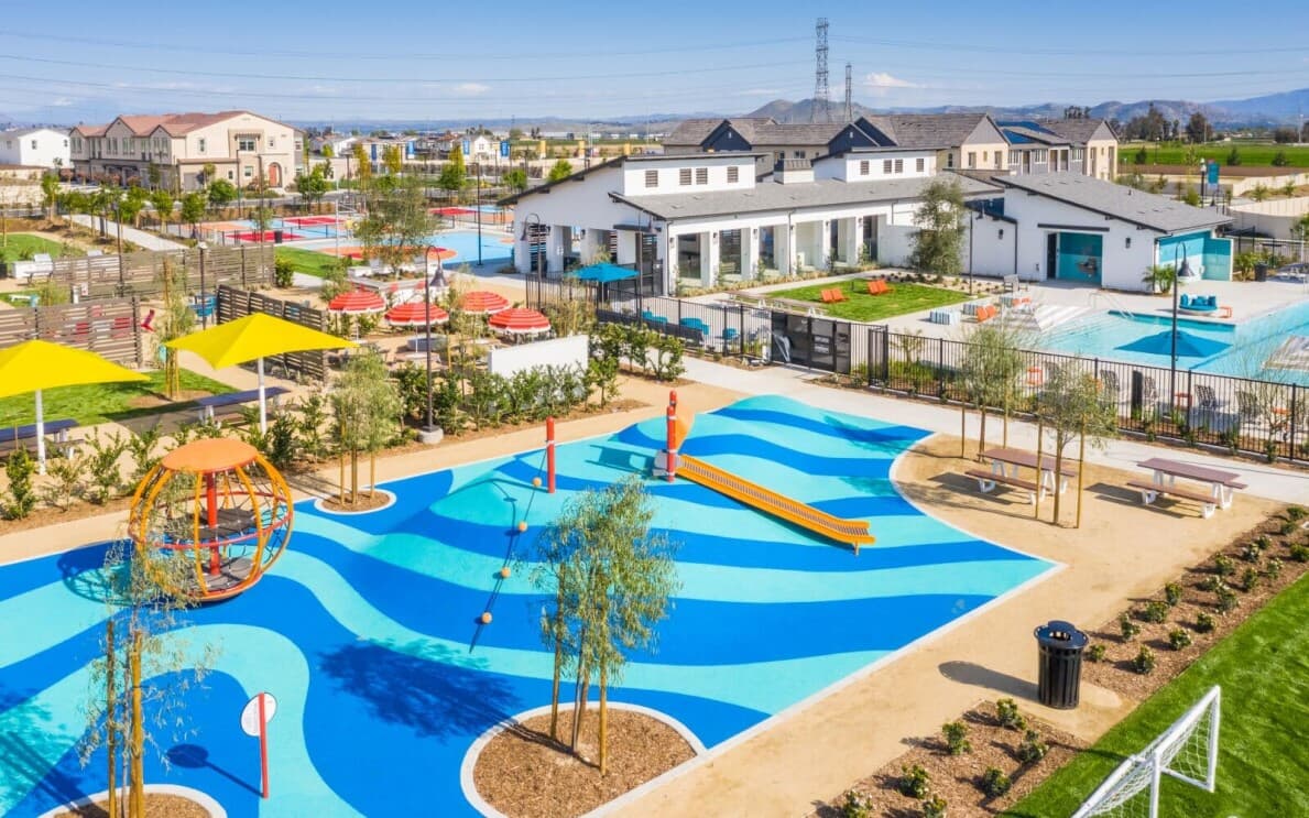 Aerial view of Canvas Park amenities at New Haven by Brookfield Residential in Ontario Ranch, CA