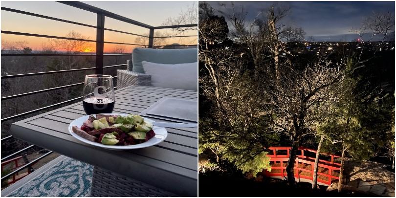 Wine at dusk and evening views on the deck at the Cottages at Crystal Falls in Austin, TX