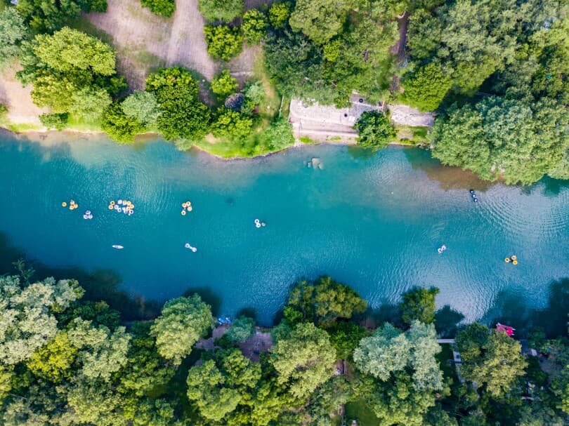 Aerial view of river tubing on the Guadalupe River in Texas