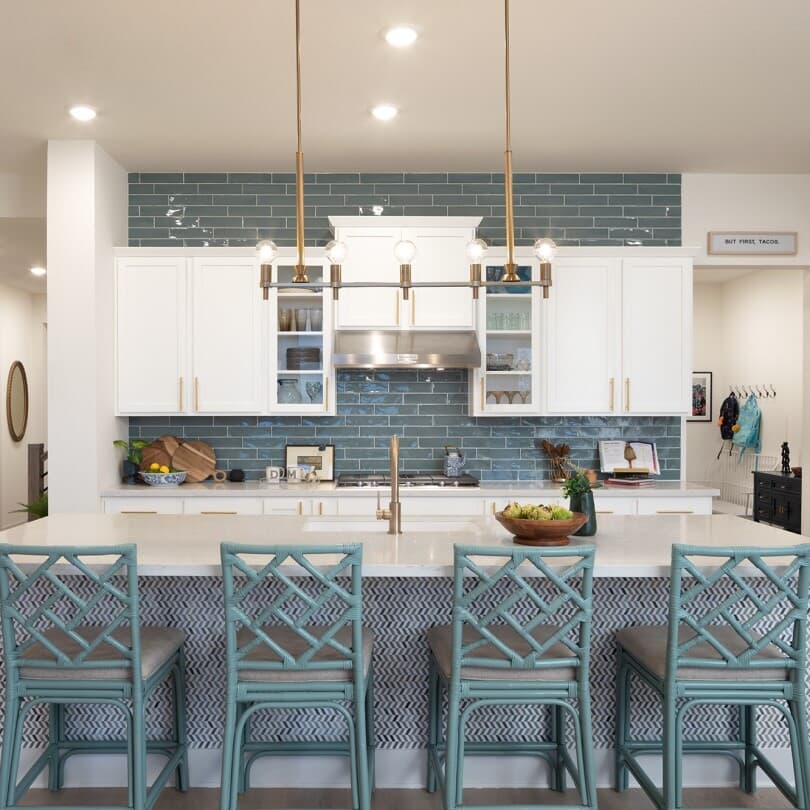Blue tile in the Claremont kitchen at Easton Park by Brookfield Residential in Austin, TX