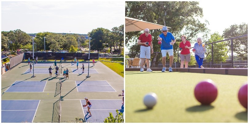 Friendly competition on the pickleball and bocce courts at Kissing Tree in San Marcos, TX
