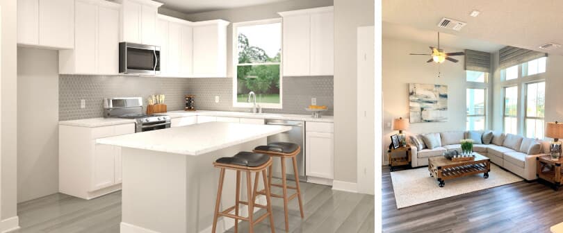 Union Park | L: Kitchen; R: Living Room | Easton Park in Southeast Austin, Texas | Brookfield Residential 