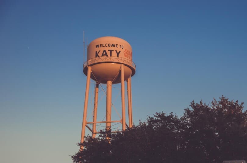 Katy water tower at sunset